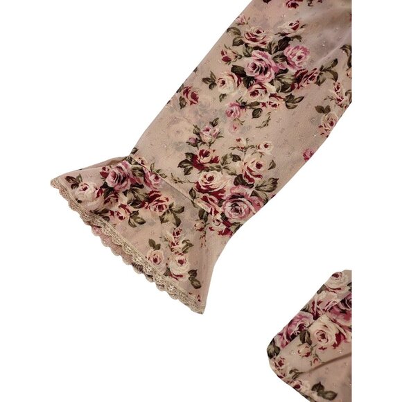 L'est Rose Floral Lace Trim Sheer Long Sleeve Babydoll Top Romantic Coqu… - Picture 4 of 8